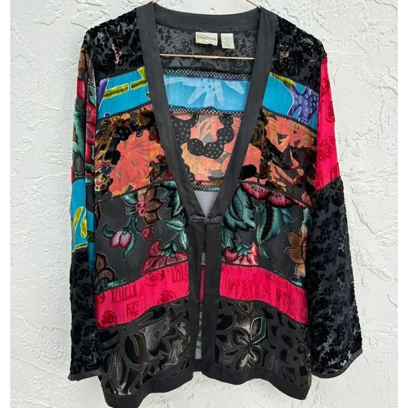 Chicos Womens Silk Burn Out Velvet Fringed Wrap Shawl Multicolor Size 2 - Picture 1 of 14